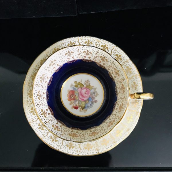 Aynsley STUNNING Tea Cup and Saucer Fine bone china England Navy Blue Floral Center Scalloped gold trim Collectible Display Cottage Coffee