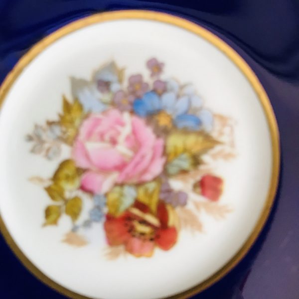 Aynsley STUNNING Tea Cup and Saucer Fine bone china England Navy Blue Floral Center Scalloped gold trim Collectible Display Cottage Coffee