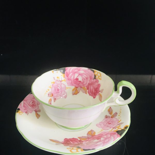 Aynsley STUNNING Tea Cup and Saucer Fine bone china England Yellow Roses mint green Background Collectible Display Coffee Bridal Shower