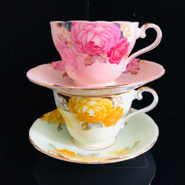 Aynsley STUNNING Tea Cup and Saucer PAIR Fine bone china England Pink & Yellow Roses and Background Collectible Display Coffee Bridal Shower