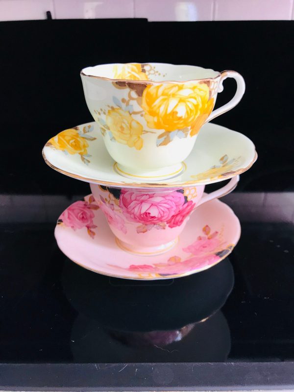 Aynsley STUNNING Tea Cup and Saucer PAIR Fine bone china England Pink & Yellow Roses and Background Collectible Display Coffee Bridal Shower
