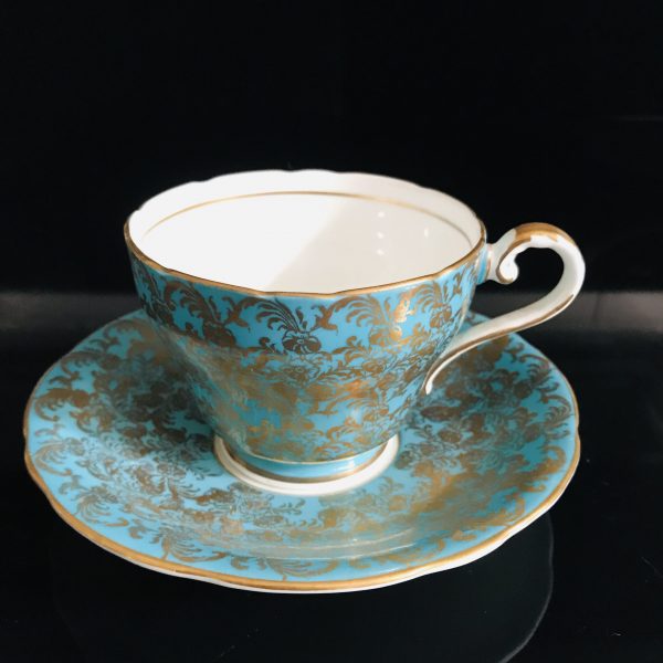 Aynsley Tea Cup and Saucer Aqua with heavy Gold Chintz Fine porcelain England Collectible Display Farmhouse Cottage coffee
