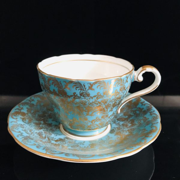 Aynsley Tea Cup and Saucer Aqua with heavy Gold Chintz Fine porcelain England Collectible Display Farmhouse Cottage coffee