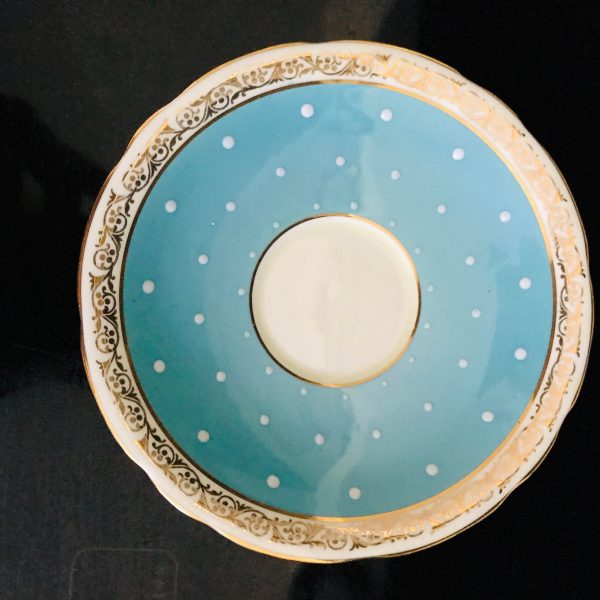 Aynsley Tea Cup and Saucer Bright Aqua White Polka Dots Gold trim Fine porcelain England Collectible Display Farmhouse Cottage
