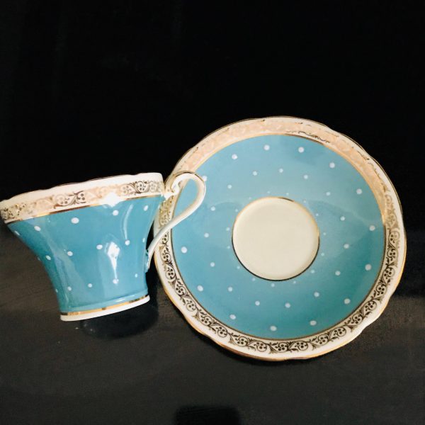 Aynsley Tea Cup and Saucer Bright Aqua White Polka Dots Gold trim Fine porcelain England Collectible Display Farmhouse Cottage