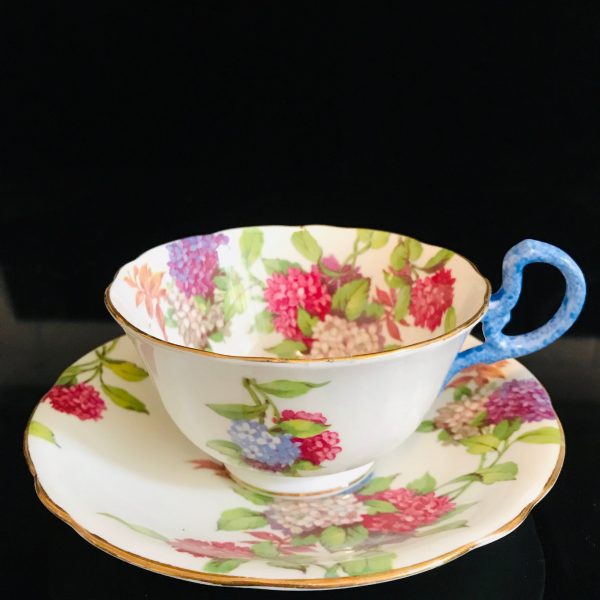 Aynsley Tea Cup and Saucer Bright Purple Pink Blue Flowers light rust leaves Fine porcelain England Collectible Display Farmhouse bridal