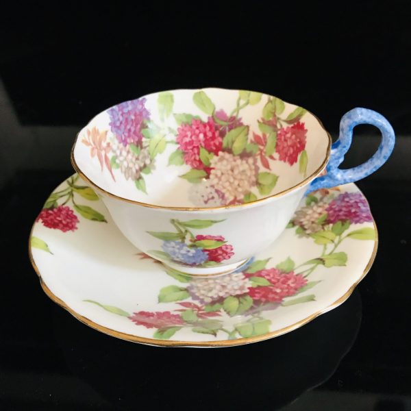 Aynsley Tea Cup and Saucer Bright Purple Pink Blue Flowers light rust leaves Fine porcelain England Collectible Display Farmhouse bridal