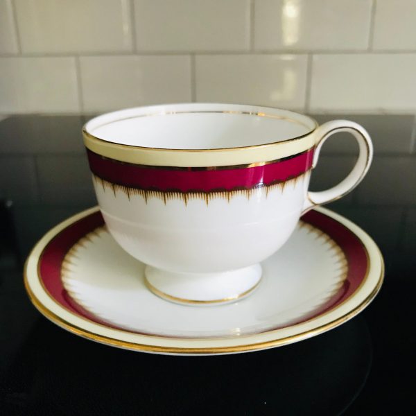 Aynsley Tea Cup and Saucer Burgundy trim Ivory edges gold detail Fine porcelain England Collectible Display Farmhouse Cottage
