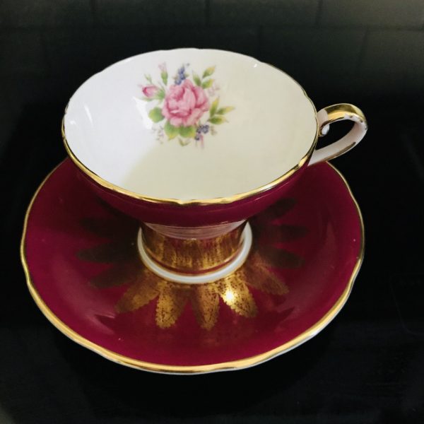 Aynsley Tea Cup and Saucer Burgundy with Gold trim Fine porcelain England Collectible Display Farmhouse Cottage