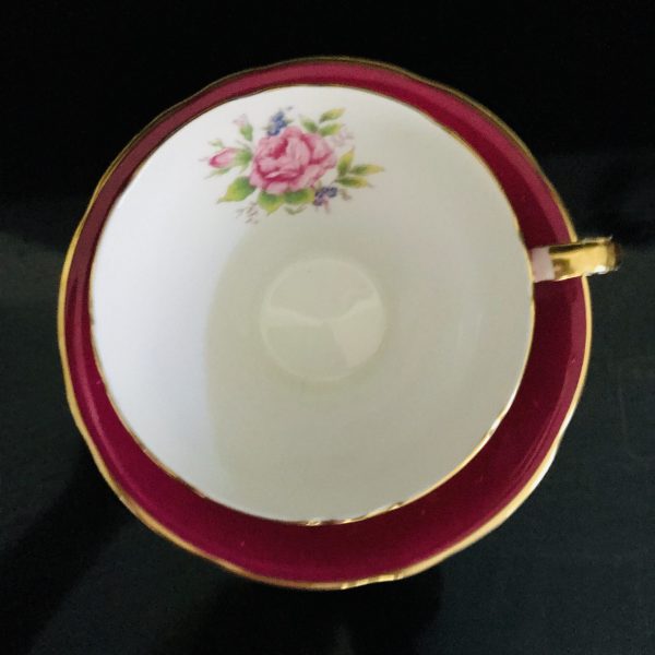 Aynsley Tea Cup and Saucer Burgundy with Gold trim Fine porcelain England Collectible Display Farmhouse Cottage