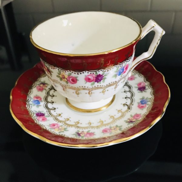 Aynsley Tea Cup and Saucer Burgundy with Pink yellow blue flowers Fine porcelain England Collectible Display Farmhouse Cottage