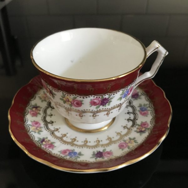 Aynsley Tea Cup and Saucer Burgundy with Pink yellow blue flowers Fine porcelain England Collectible Display Farmhouse Cottage