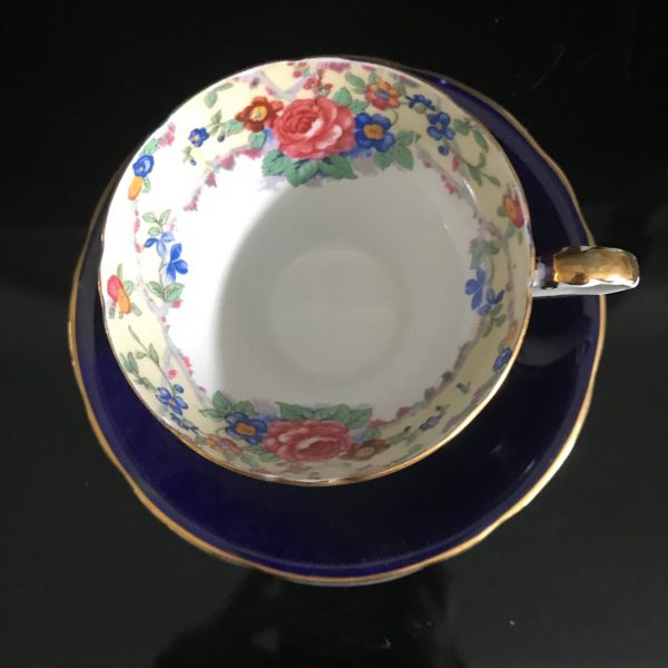 Aynsley Tea Cup and Saucer Cobalt Blue Floral inside entirre rim Gold trim Fine porcelain England Collectible Display Farmhouse Cottage