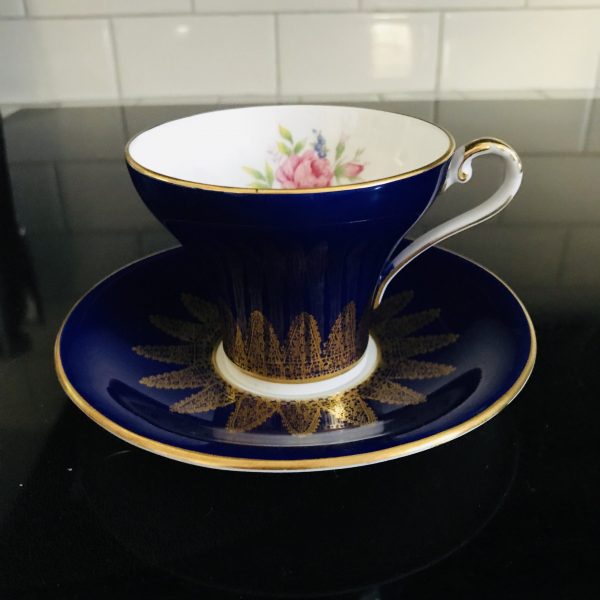 Aynsley Tea Cup and Saucer Cobalt Blue Pink Rose inside Gold trim Fine porcelain England Collectible Display Farmhouse Cottage