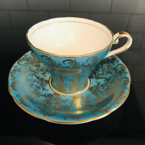 Aynsley Tea Cup and Saucer Corset Aqua with heavy Gold trim Fine porcelain England Collectible Display Farmhouse Cottage coffee