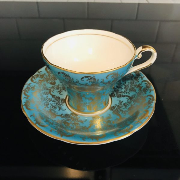 Aynsley Tea Cup and Saucer Corset Aqua with heavy Gold trim Fine porcelain England Collectible Display Farmhouse Cottage coffee
