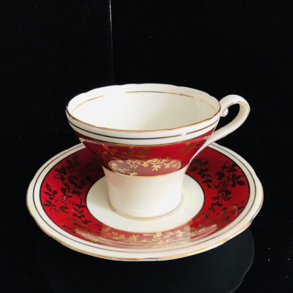 Aynsley Tea Cup and Saucer Corset Burgundy with Gold leaf pattern rims Fine bone china England Collectible Display bridal shower coffee