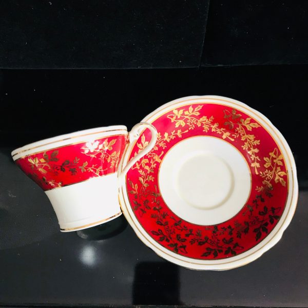 Aynsley Tea Cup and Saucer Corset Burgundy with Gold leaf pattern rims Fine bone china England Collectible Display bridal shower coffee