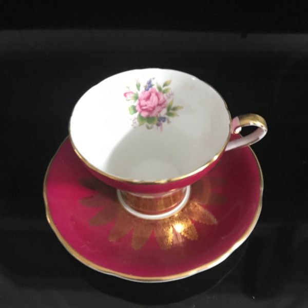 Aynsley Tea Cup and Saucer Corset Burgundy with Gold leaf saucer & cup floral inside cup Fine bone china England Collectible Display coffee
