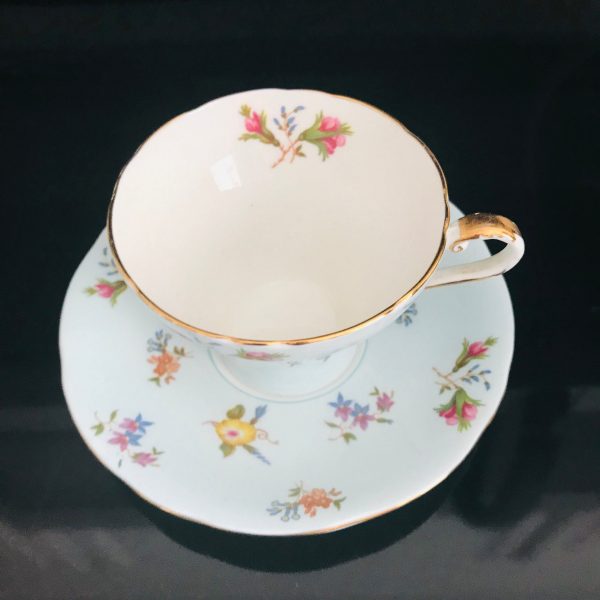 Aynsley Tea Cup and Saucer Corset Light blue Chintz Floral Gold trim Fine porcelain England Collectible Display Farmhouse Cottage bridal