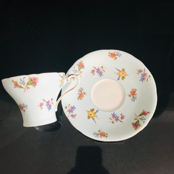Aynsley Tea Cup and Saucer Corset Light blue Chintz Floral Gold trim Fine porcelain England Collectible Display Farmhouse Cottage bridal