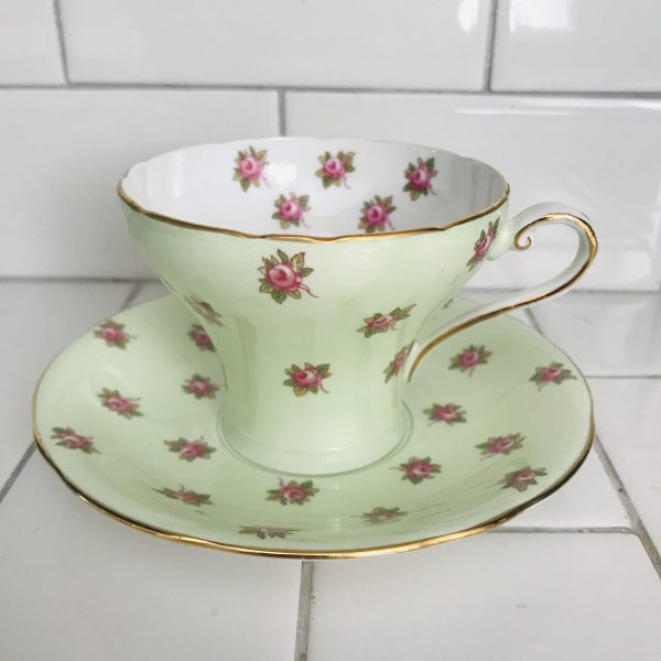 Aynsley Tea Cup and Saucer Corset mint green Chintz Pink Cabbage Rose Gold trim Fine porcelain England Collectible Display Farmhouse bridal