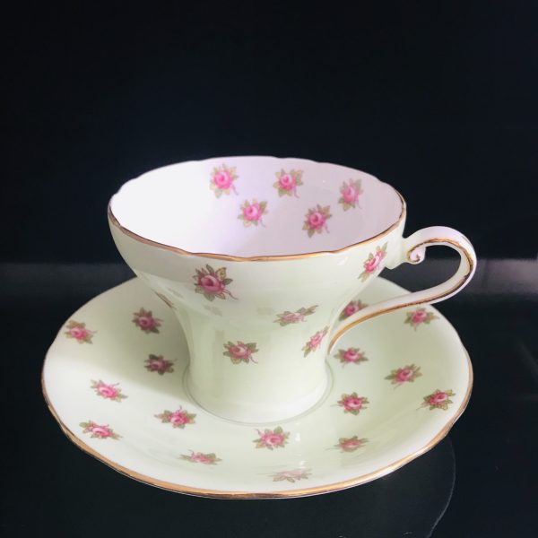 Aynsley Tea Cup and Saucer Corset mint green Chintz Pink Cabbage Rose Gold trim Fine porcelain England Collectible Display Farmhouse bridal