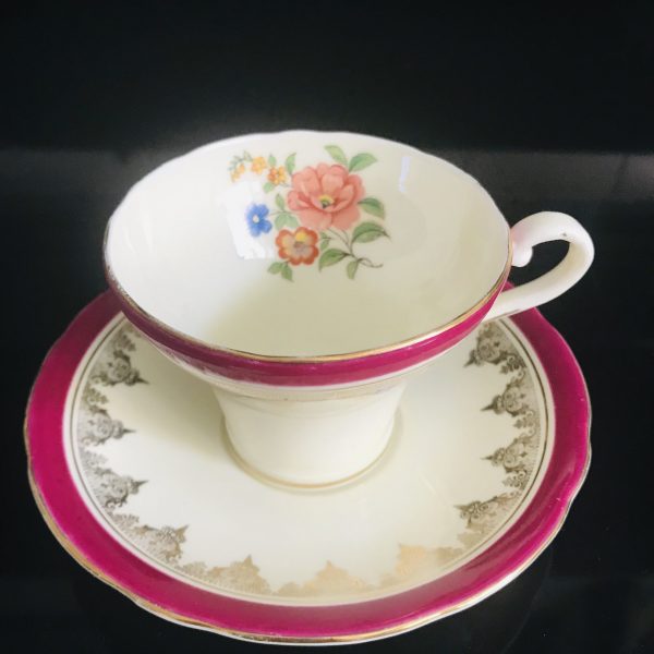 Aynsley Tea Cup and Saucer Corset Raspberry Rims Floral Inside heavy gold Fine bone china England Collectible Display bridal shower coffee