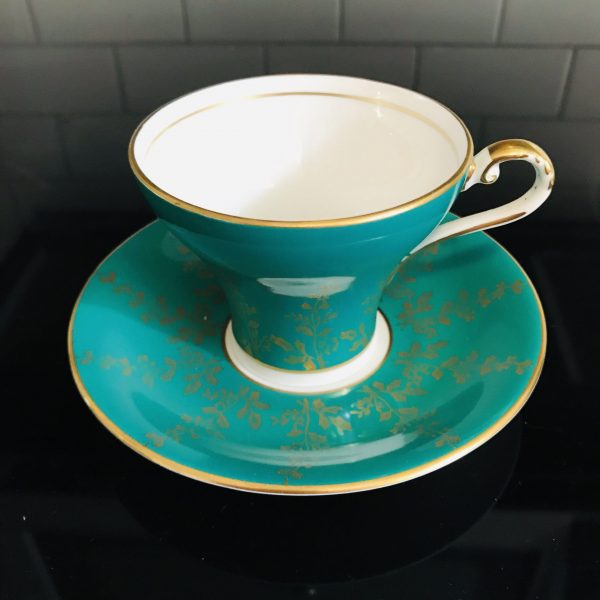 Aynsley Tea Cup and Saucer Corset Teal with Gold Leaf pattern trim Fine porcelain England Collectible Display Farmhouse Cottage coffee