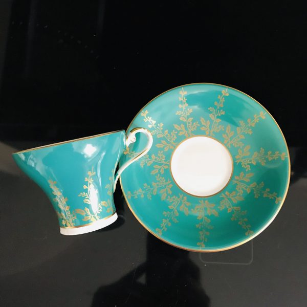 Aynsley Tea Cup and Saucer Corset Teal with Gold Leaf pattern trim Fine porcelain England Collectible Display Farmhouse Cottage coffee