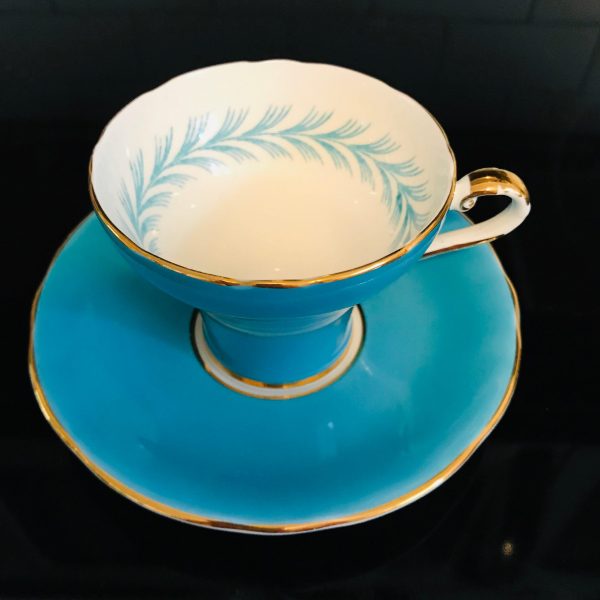 Aynsley Tea Cup and Saucer Corset True Aqua Blue with Feather pattern inside Fine bone china England Collectible Display Farmhouse coffee