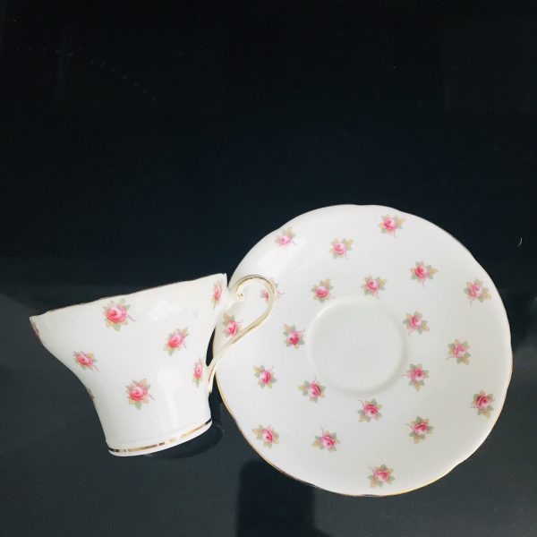 Aynsley Tea Cup and Saucer Corset  White Chintz Pink Cabbage Rose Gold trim Fine porcelain England Collectible Display Farmhouse bridal