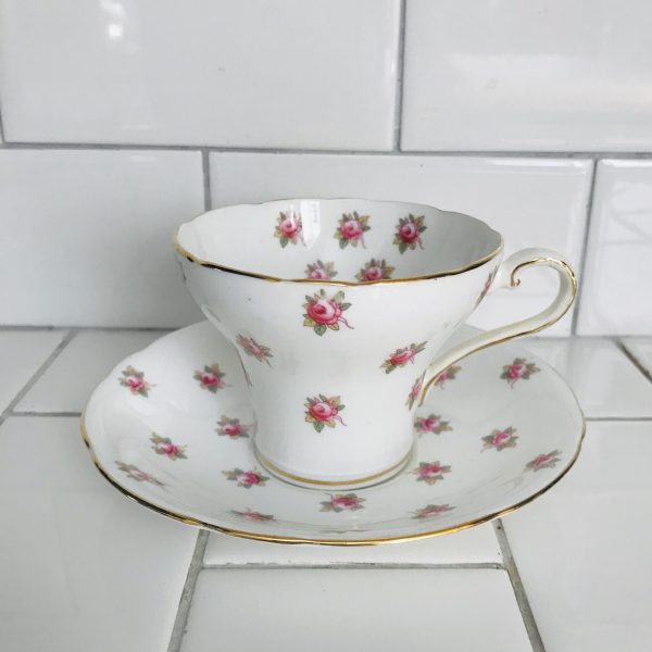 Aynsley Tea Cup and Saucer Corset  White Chintz Pink Cabbage Rose Gold trim Fine porcelain England Collectible Display Farmhouse bridal
