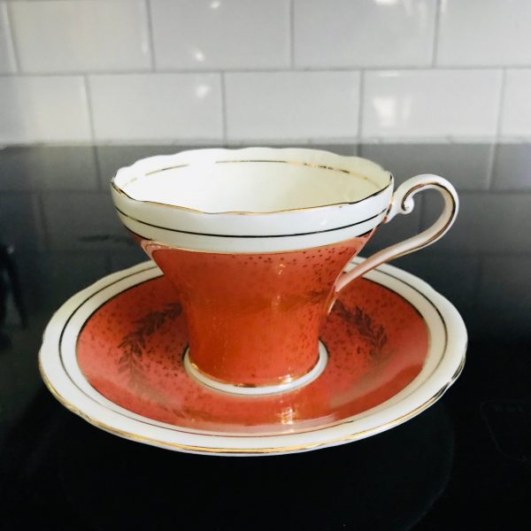 Aynsley Tea Cup and Saucer Dark Coral Ivory Gold laurel pattern Fine porcelain England Collectible Display Farmhouse Cottage