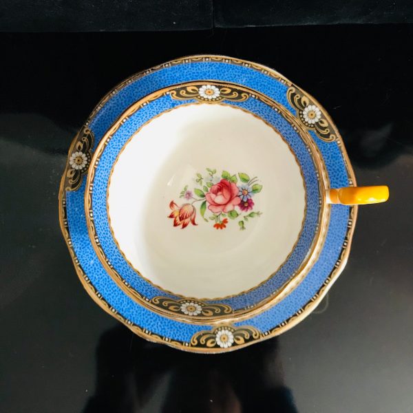Aynsley Tea Cup and Saucer Fine bone china England Blue & Black Art Deco Yellow handle gold trim Collectible Display Farmhouse