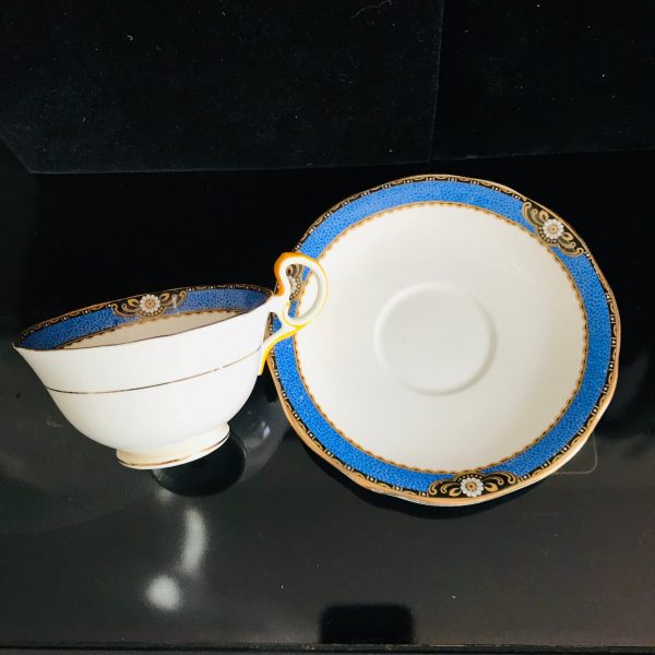 Aynsley Tea Cup and Saucer Fine bone china England Blue & Black Art Deco Yellow handle gold trim Collectible Display Farmhouse