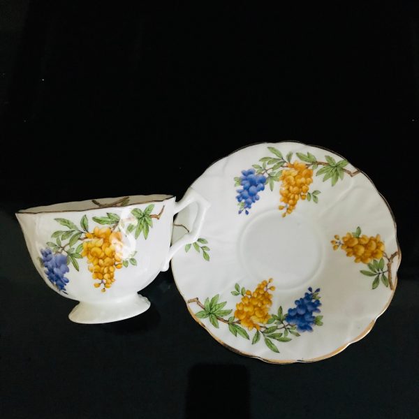Aynsley Tea Cup and Saucer Fine bone china England Bright blue & Bright Yellow Floral Collectible Display Farmhouse Cottage Coffee