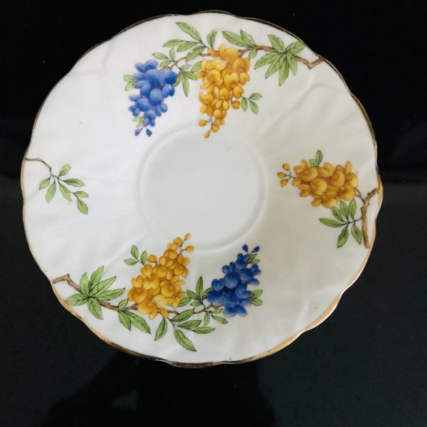 Aynsley Tea Cup and Saucer Fine bone china England Bright blue & Bright Yellow Floral Collectible Display Farmhouse Cottage Coffee