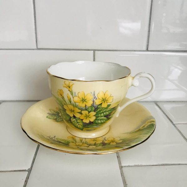 Aynsley Tea Cup and Saucer Fine bone china England Butter Yellow background Yellow Flowers Collectible Display Farmhouse Cottage Coffee
