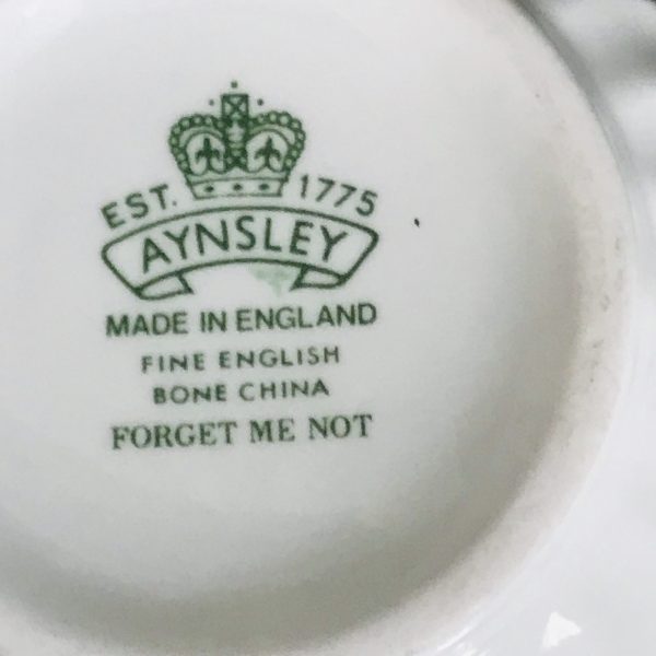 Aynsley Tea Cup and Saucer Fine bone china England Chintz Forget Me not Blue mini flowers green leaves Collectible Display Coffee bridal