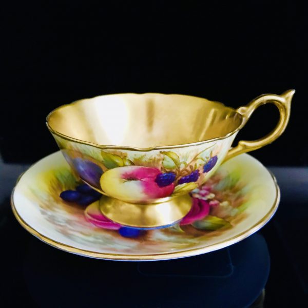 Aynsley Tea Cup and Saucer Fine bone china England colorful fruit heavy gold gilt inside cup Collectible Display Farmhouse Coffee D. Jones