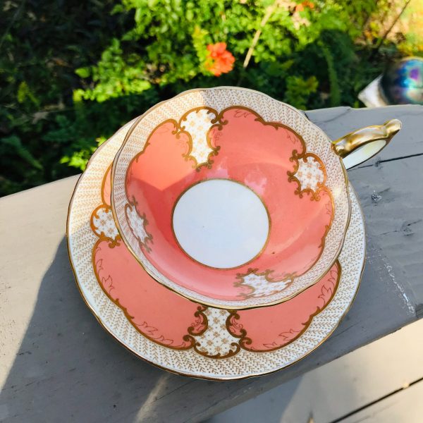 Aynsley Tea Cup and Saucer Fine bone china England dark peach color heavy gold gilt Collectible Display Farmhouse Cottage Coffee