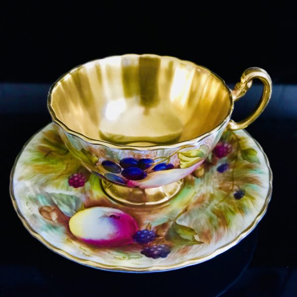 Aynsley Tea Cup and Saucer Fine bone china England detailed colorful fruit heavy gold Collectible Display Farmhouse Coffee N. Brunt Signed