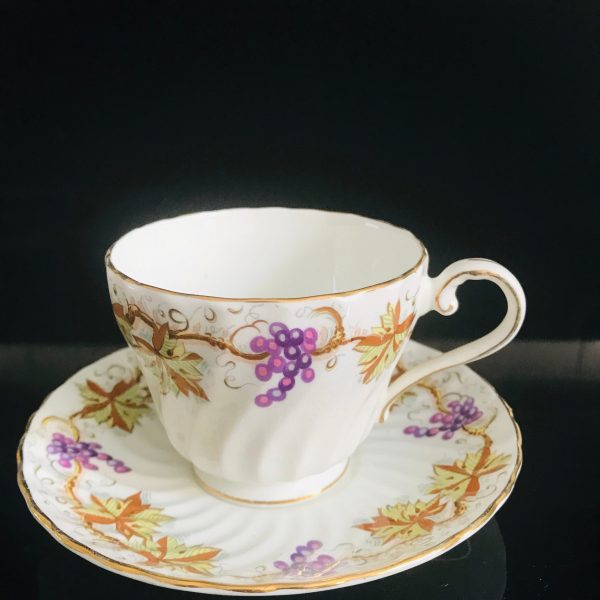 Aynsley Tea Cup and Saucer Fine bone china England Purple Grapes Swirl china Scalloped gold trim Collectible Display Coffee