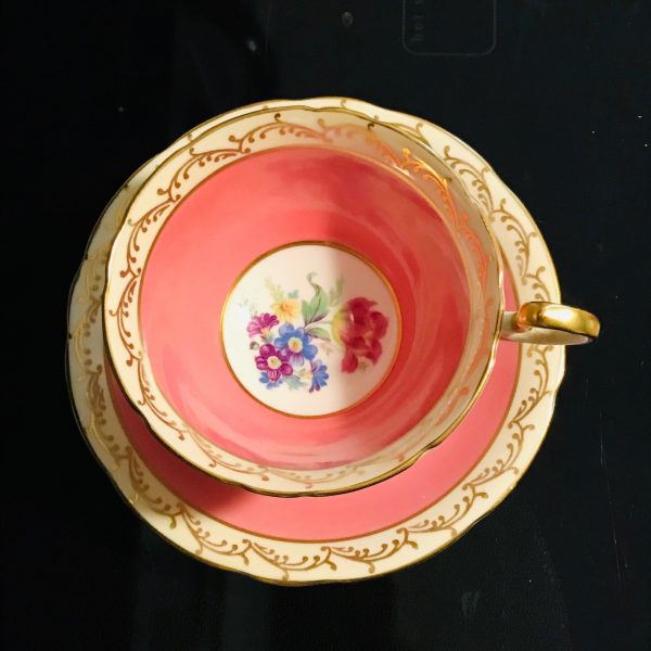 Aynsley Tea Cup and Saucer Fine bone china England Raspberry color heavy gold floral centers Collectible Display Farmhouse Cottage