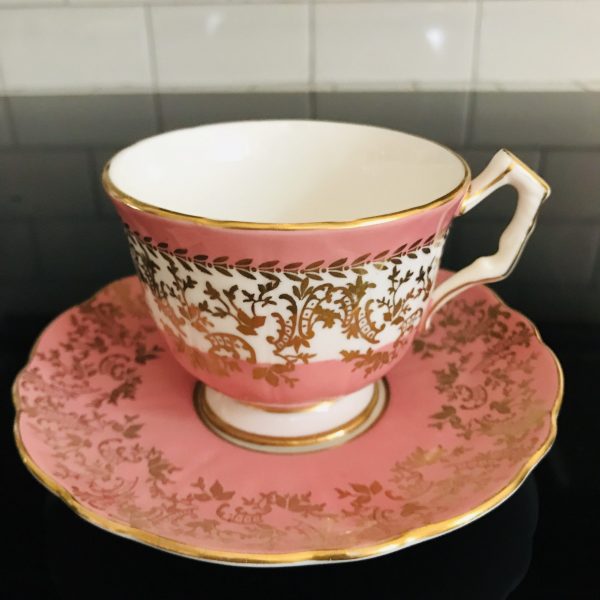 Aynsley Tea Cup and Saucer Fine bone china England Raspberry color heavy gold scrolls with gold trim Collectible Display Farmhouse
