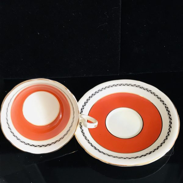 Aynsley Tea Cup and Saucer Fine bone china England Rust Color with Black gold trim Collectible Display Farmhouse