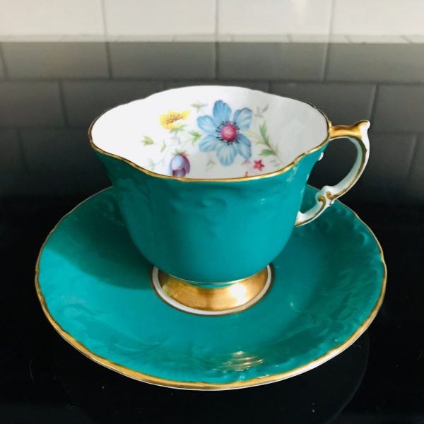 Aynsley Tea Cup and Saucer Fine bone china England Teal color gold floral bouquet Collectible Display Farmhouse Cottage