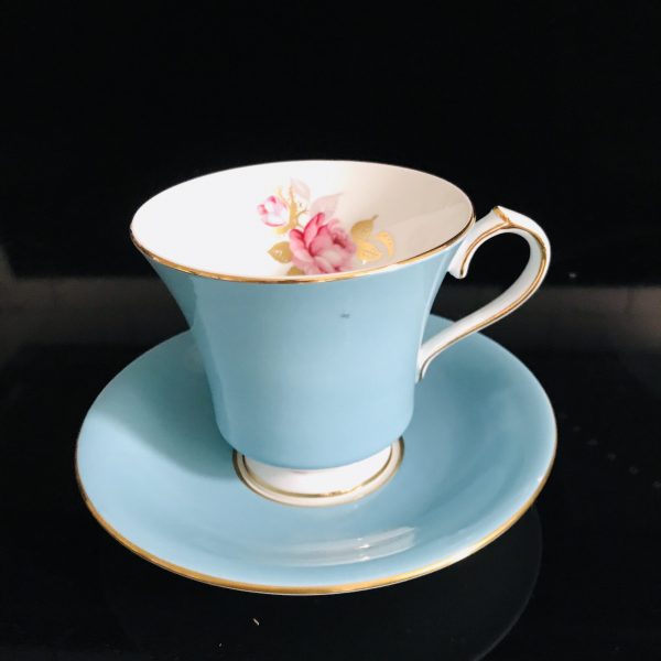Aynsley Tea Cup and Saucer Fine bone china England True Aqua Pink rose & Gold Leaves inside cup Collectible Display Farmhouse Cottage Coffee