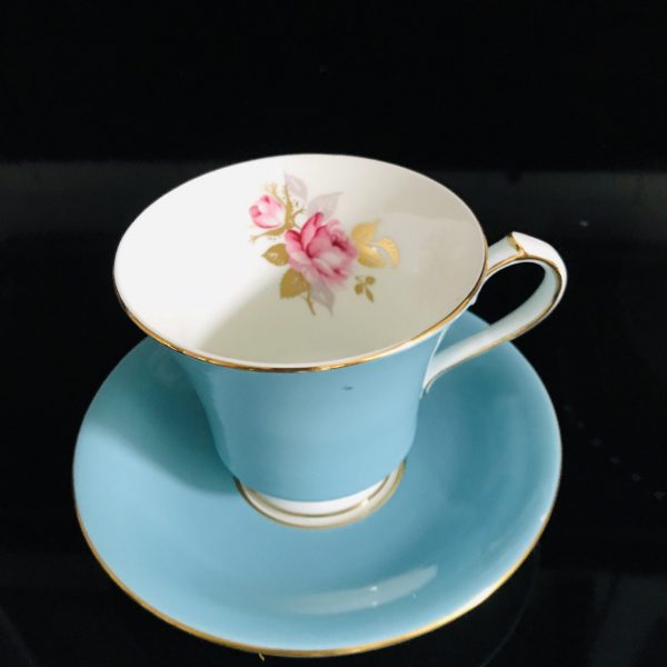 Aynsley Tea Cup and Saucer Fine bone china England True Aqua Pink rose & Gold Leaves inside cup Collectible Display Farmhouse Cottage Coffee